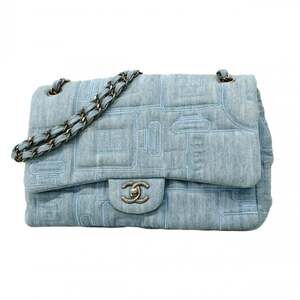 Chanel Shoulder Bag with Double Chain and Embroidery, Denim Blue, Women's
